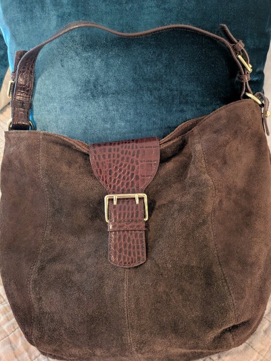Lauren Ralph Lauren Handbags - VTG Lauren Ralph Lauren Brown Suede Hobo Bag Croc Leather Buckle.